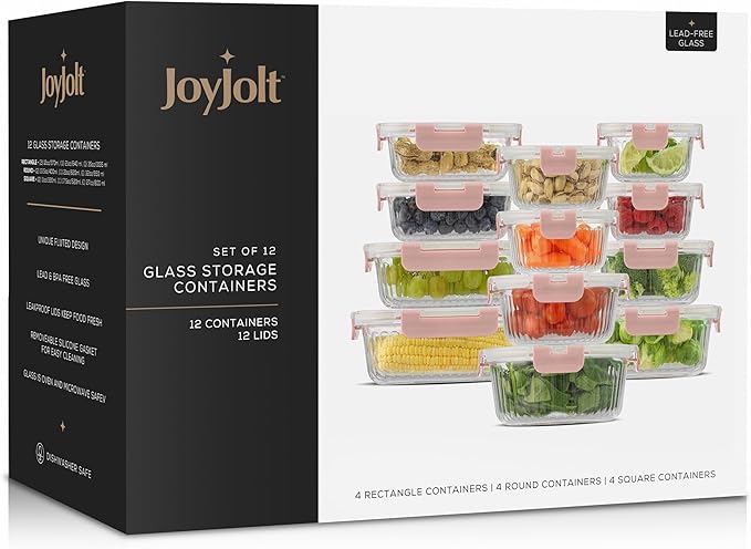 JoyJolt 24pc Fluted Glass Storage Containers with Lids. 12 Airtight, Freezer Safe Food Storage Containers, Pantry Kitchen Storage Containers, Glass Meal Prep Containers for Lunch