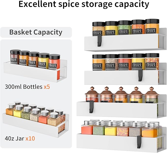 4-Piece Extra-Large Capacity Magnetic Spice Rack for Refrigerator, White