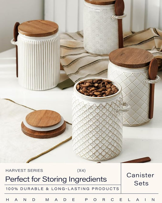 getstar Canisters Sets for the Kitchen, 20 oz Flour Sugar Storage Containers, Ceramic Kitchen Canisters for Countertop Set of 4 with Airtight Lids and Teaspoons