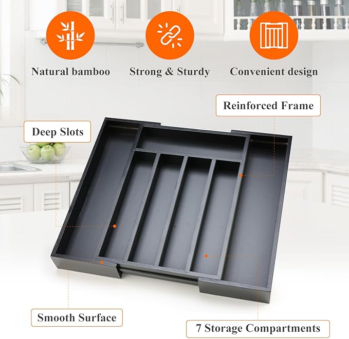 Expandable Large Kitchen Silverware Drawer Organizers Tray Bamboo Utensil Organizer Adjustable Cutlery Tray Black Wooden Flatware Organizers Divider Cooking Utensil Holder Drawer Fork Spoon Organizer