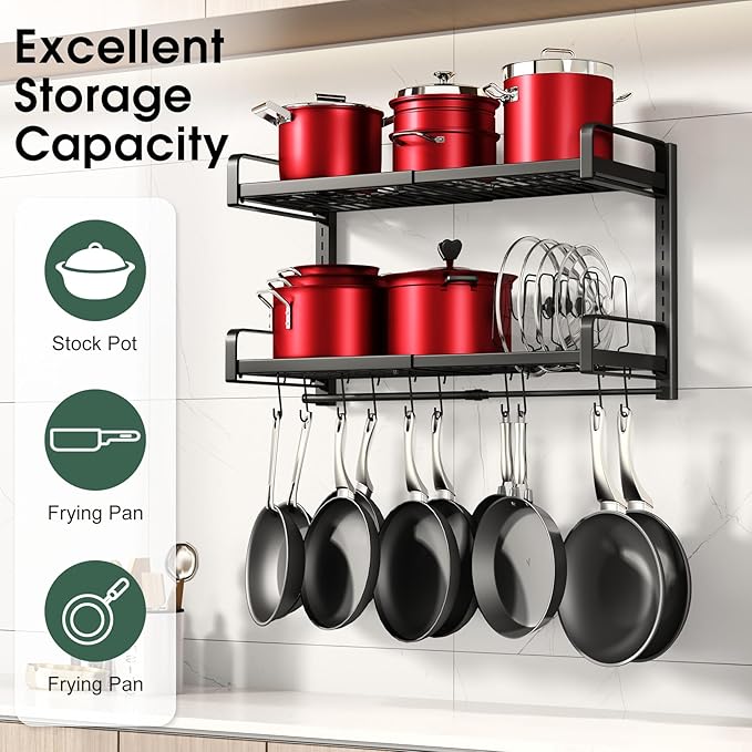19"- 30" Expandable Hanging Pot Rack, 2 Tier Heavy Duty Wall Mounted Pots and Pans Organizer with 10 Hooks and 5 Pot Lid Holders, Pot Hanger Shelf for Kitchen Cookware Utensils Organizers and Storage