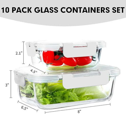 VERONES 10Pack Glass Meal Prep Containers, Airtight Glass Lunch Containers,Stackable Glass Food Storage Containers Set with Lids,Exclusive of BPA, for Microwave,Oven, Freezer&Dishwasher Friendly,White