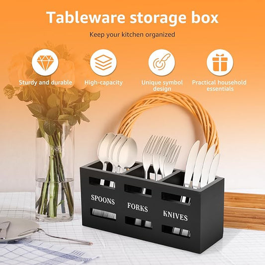 Silverware Caddy, Wood Utensil Caddy with 3 Compartments, Large Capacity Silverware Holder, Multipurpose Utensil Holder, Flatware Caddy, Stylish Cutlery Holder for Forks Spoons Cutters (Black)