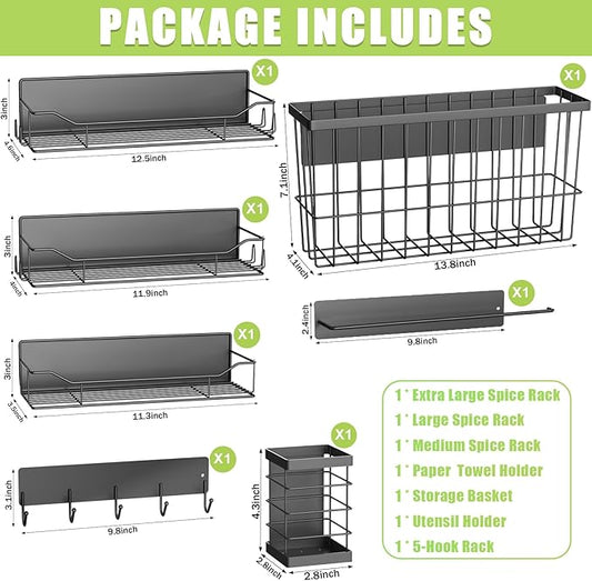 Magnetic Spice Rack for Refrigerator, 7 Pack Magnetic Fridge Shelf for Kitchen Organization Storage, Moveable Spice Organizer W/Paper Towel Holder, Utensil Caddy, Cutting Board Rack (Black)