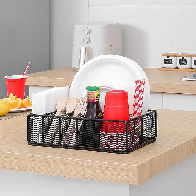 Paper Plate Dispenser with Handle, Metal Paper Plate Holders for Kitchen Counter, Utensil Holder Organizer with 6 Compartments, Silverware Holder Caddy for Cup Fork Spoon Napkin Party Camping