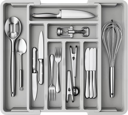 AMADA HOMEFURNISHING Expandable Silverware Drawer Organizer, Adjustable Utensil Tray For Kitchen Storage, BPA-Free Cutlery Holder for Spoons, Forks and Knives, Easy to Clean and Wash, Gray