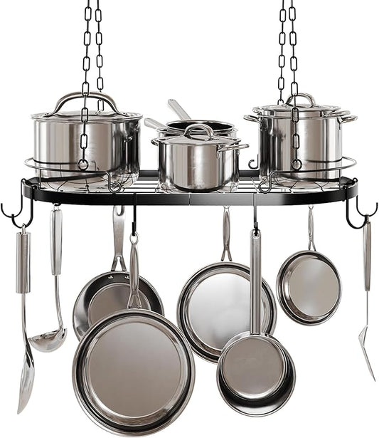24.4” Metal Pot Rack Hanging, Oval Pan Rack Hanging with Hooks, Heavy Duty Ceiling Pot Rack with Grid, Pot and Pan Hangers for Kitchen Cookware Utensils Toiletries, Easy Assembly, Black