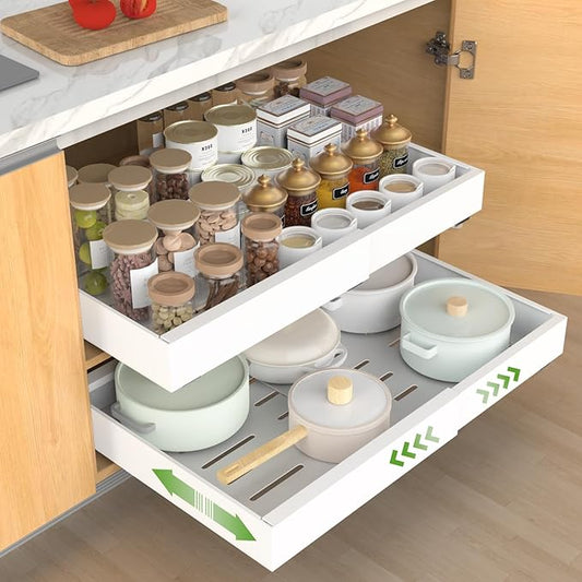 Pull out Cabinet Organizer, Expandable(12.2"-20.5") Heavy Duty Slide Out Drawers, Fixed with Adhesive Nano Film or Screw, Roll out Shelf Storage for Kitchen Base Cabinet Organization(21‘’Deep)
