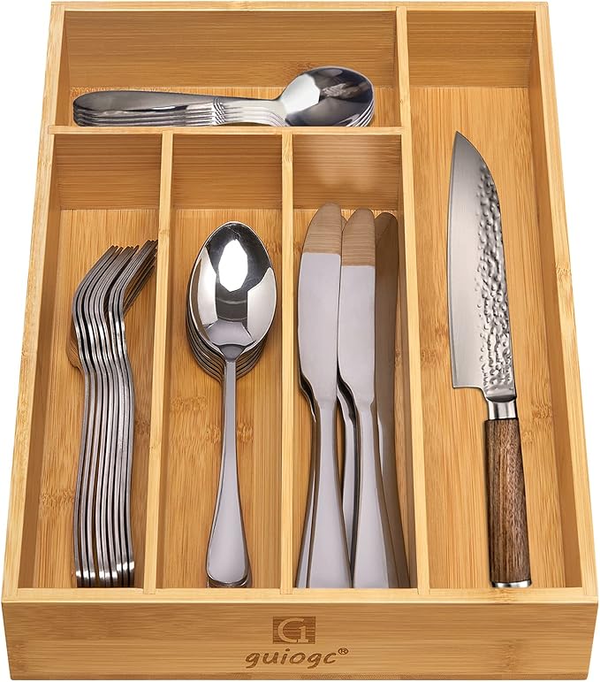 Kitchen Bamboo Silverware Drawer Organizer，Silverware Organizer and Cutlery Tray with Grooved Drawer Dividers for Silverware, Knives in Kitchen, Bedroom (5 Slot-Natural)