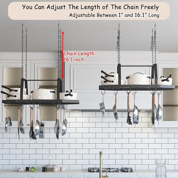 Hexagon Ceiling Pot Rack Hanging Pan Rack Hanging with 15 Hooks, 34" Metal Hanging Pots and Pans Ceiling Mount Organizer Rack, Pot and Pan Hangers for Kitchen Cookware Utensils