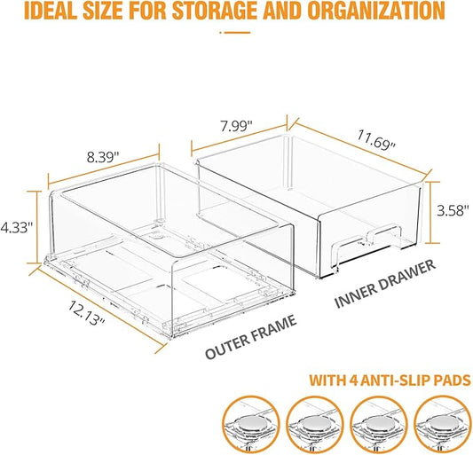 Clear Stackable Storage Drawers - 2 Pack Refrigerator Drawers for Refrigerator Organizers and Storage, Fridge Drawer Organizer for Fruit and Veggie Storage, Acrylic Storage Drawers Pull Out Bin