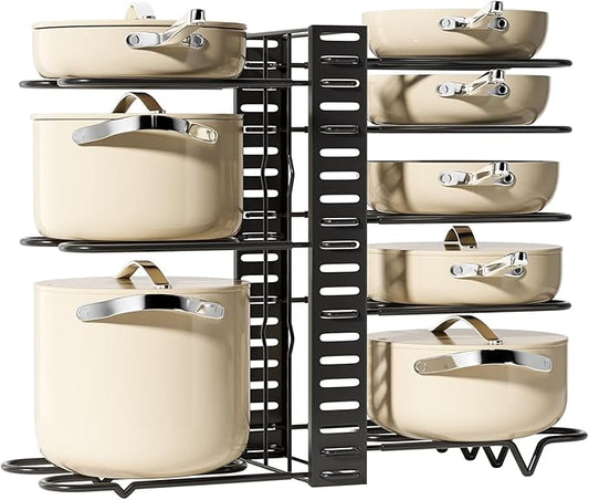 Pot Rack Organizer for Cabinet - Adjustable Pot Lid Holder & Pan Organizer Rack, Heavy-Duty Steel Cookware Storage for Kitchen Cabinet & Drawer Organization, Fits Pots, Pans, Lids