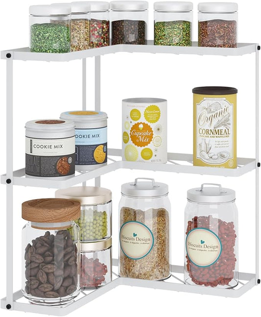 Buzowruil Kitchen L-Shaped Spice Storage Rack Triangle Corner Three-Layer Cabinet Spice Rack,1 Pack (White)