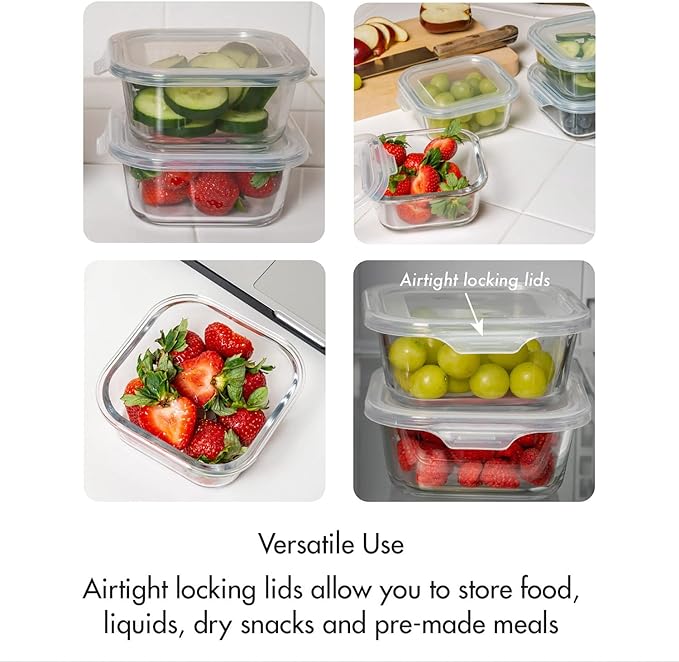 Square Glass Storage Container, Stackable BPA Free Airtight Seal Food Containers with Lids, Meal Prep Kitchen Organization and Storage, 5"x5" x 2.5", 17.6oz, 0.52L, White, 4 Pack