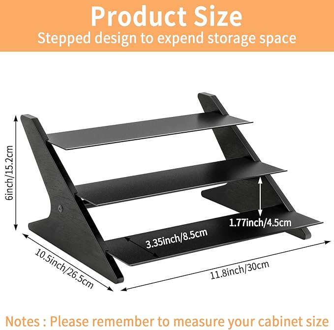 3 Tier Spice Rack Organizer for Cabinet, Metal with Wood Step Shelf Countertop Spice Storage Holder, Seasoning Organizer for Kitchen, Pantry, Black, 2 Pack