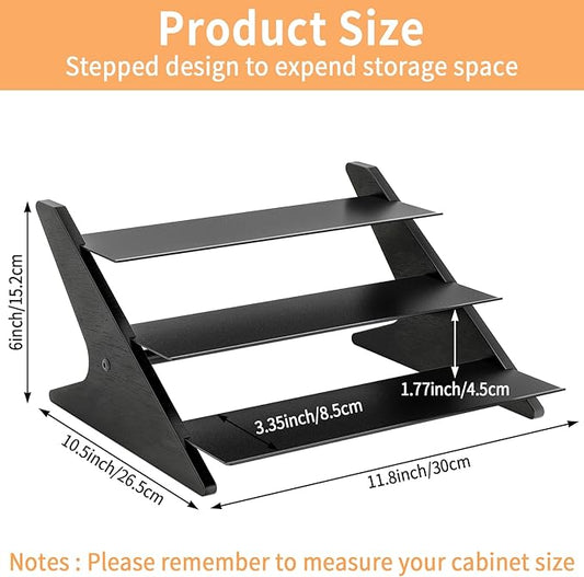 3 Tier Spice Rack Organizer for Cabinet, Metal with Wood Step Shelf Countertop Spice Storage Holder, Seasoning Organizer for Kitchen, Pantry, Black, 2 Pack