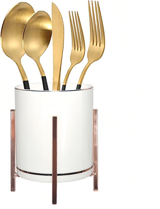 Ceramic Flatware Caddy, Silverware Caddy Cutlery Holder, Round Utensil Crock, Kitchen Utensil Holder for Countertop, Ceramic Cup wtih Rose Gold Trim and Rose Metal Bracket, 1 Pcs