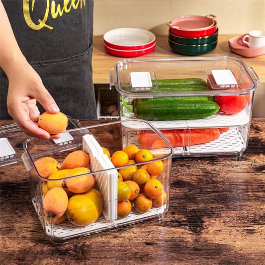 Refrigerator Organizer Bins, Stackable Freezer Lettuce Keeper with Lids and Removable Drain Tray Food Storage Containers for Fridge Freezer Cabinet Kitchen Organization - 4 Pack