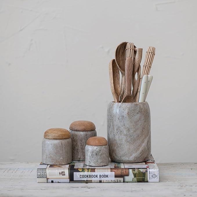 Creative Co-Op Modern Marble Canister with Wood Lid, Natural