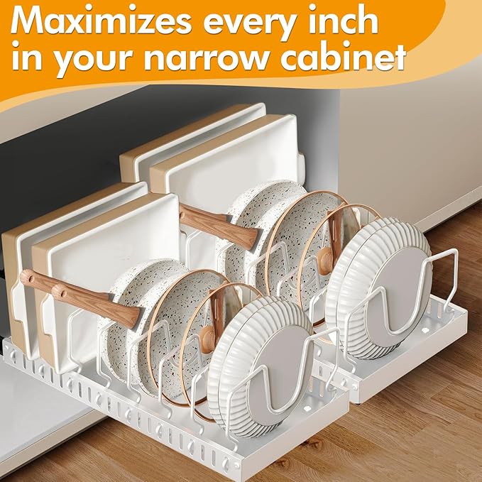 2 Pcs Pull-Out Pots and Pans Organizer Under Cabinet, Pot and Pan Organizers Inside Cabinet for Kitchen Cabinet Storage and Pots Storage Rack Pans Lid Dishes Holder Bakeware Organizer (white)