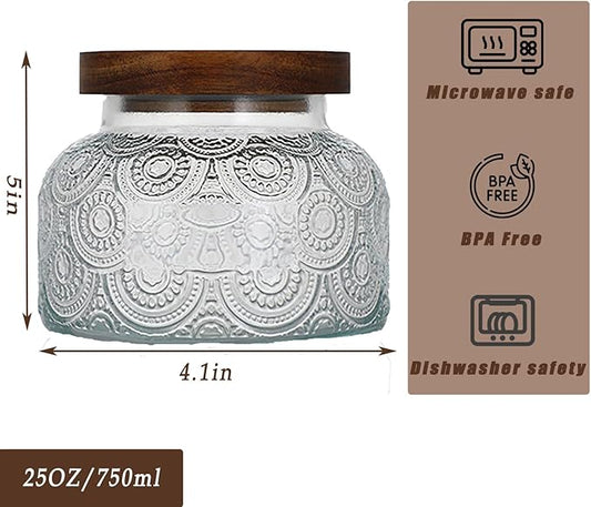 25oz Vintage Glass Jar with Lid, Embossed Glass Canister with Airtight Wooden Lid, Stackable Design for Kitchen Storage – Ideal for Coffee, Tea, Sugar, Flour, Cookies, and Grains