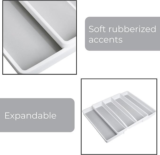 Smart Design Expandable 5 Compartment Plastic Drawer Organizer - Non-Slip Lining and Feet - BPA Free - Utensils, Flatware, Office, Personal Care, or Makeup Storage - Kitchen - White with Gray