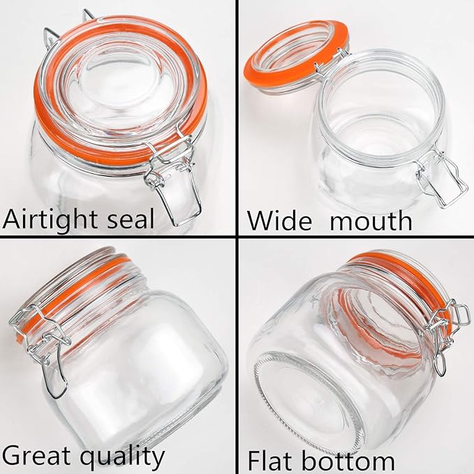 Encheng 25 oz Glass Jars With Airtight Lids And Leak Proof Rubber Gasket,Wide Mouth Mason Jars With Hinged Lids For Kitchen Canisters 750ml, Glass Storage Containers 6 Pack