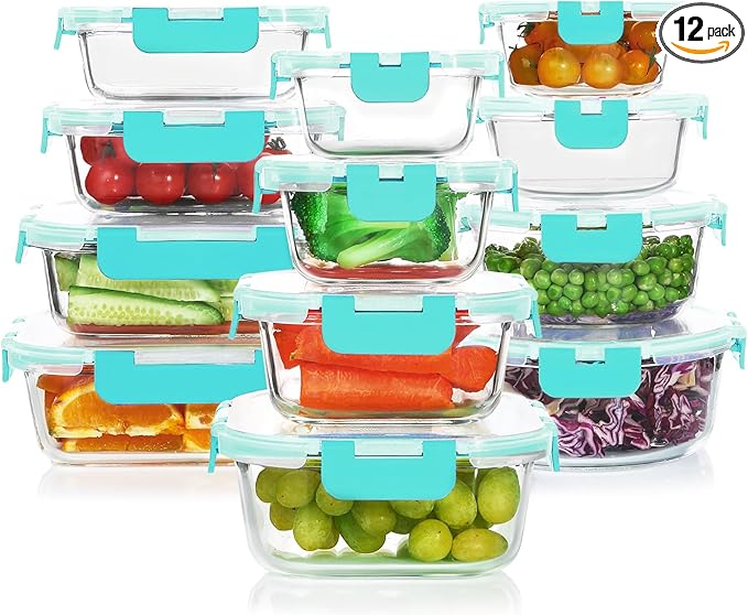 24 Pieces Glass Food Storage Containers Set,Glass Meal Prep Containers-Stackable Airtight Glass Storage Containers with lids,Freezer, Microwave, Oven Safe,Green