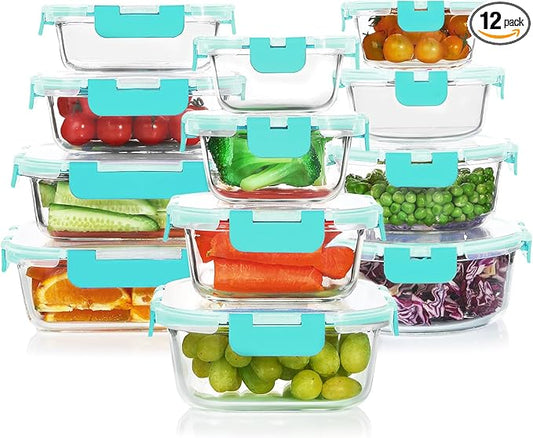 24 Pieces Glass Food Storage Containers Set,Glass Meal Prep Containers-Stackable Airtight Glass Storage Containers with lids,Freezer, Microwave, Oven Safe,Green