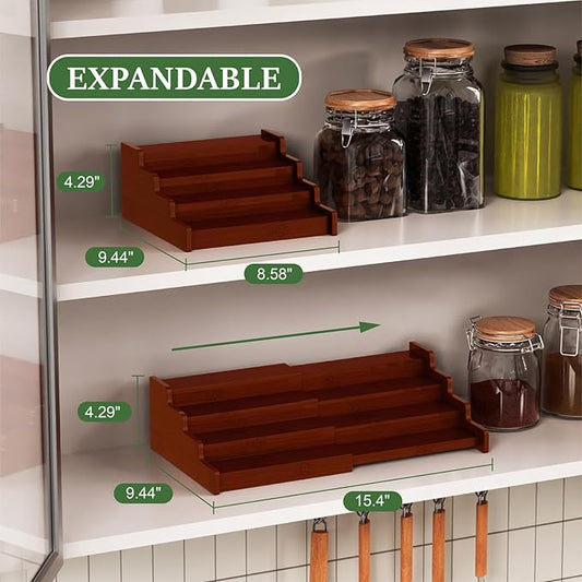 Spice Rack Organizer for Expandable 4-Tier, 2 Pack Adjustable Bamboo Spice Storage for Kitchen Cabinet, Pantry and Countertop Organization, Brown