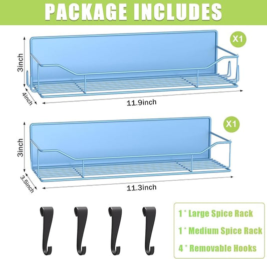 Magnetic Spice Rack for Refrigerator, 2 Pack Strong Magnet Spice Organizer Shelves with Hooks, Magnetic Fridge Shelf for Kitchen Organization and Storage, Seasoning Organizer Gadgets (Blue)