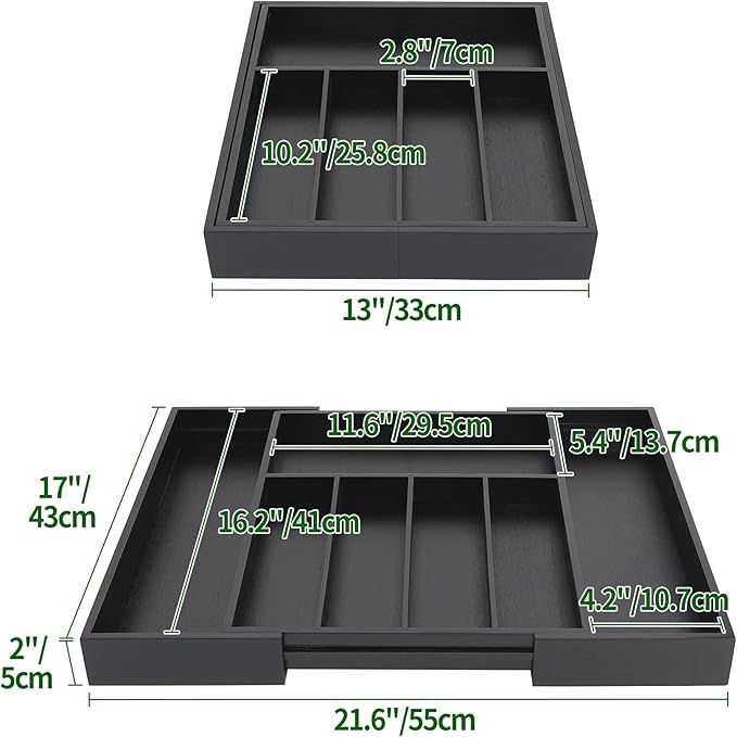 VaeFae Premium Bamboo Drawer Organizer, Expandable Silverware Drawer Organizer, Cutlery Tray with Dividers for Kitchen Utensils (Black, Large)