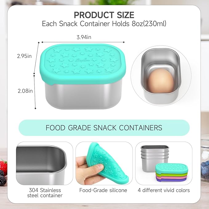SOPHICO Stainless Steel Snack Containers for Kids, 8 oz Small Food Storage Container 1 Cup with Silicone Lid - Perfect 304 Metal Toddler Lunch Box for Daycare and School, Leak Proof (MIX, 4 PACK)