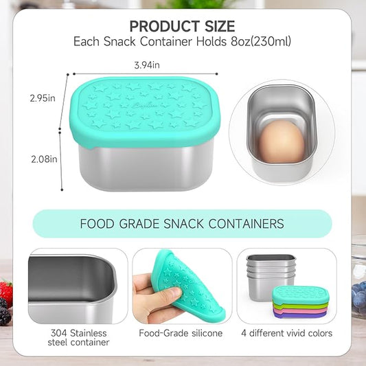 SOPHICO Stainless Steel Snack Containers for Kids, 8 oz Small Food Storage Container 1 Cup with Silicone Lid - Perfect 304 Metal Toddler Lunch Box for Daycare and School, Leak Proof (MIX, 4 PACK)