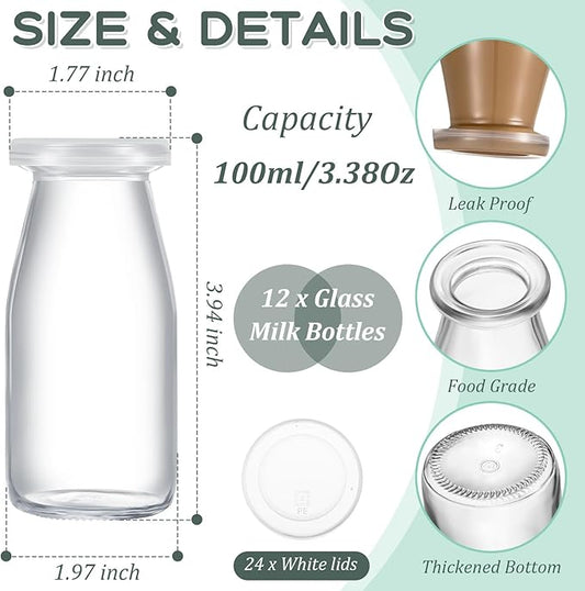 Zubebe 12 Pack 3.38 oz Small Glass Milk Bottles Clear Mini Party Bottles with Lids Glass Juice Jars Reusable Small Milk Jars Vintage Breakfast Shake Containers for Baby Shower Birthday Party Favors
