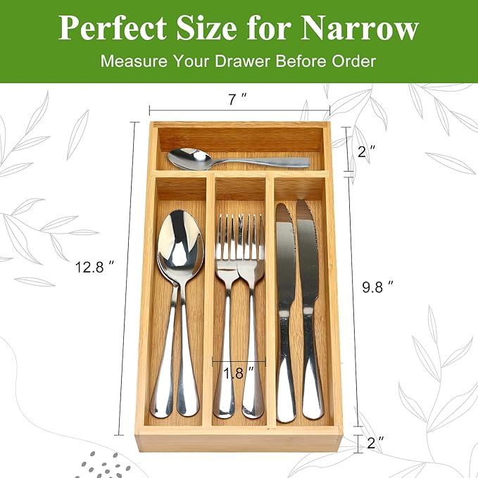 Bamboo Silverware Drawer Organizer Small Cutlery Tray Wooden Kitchen Utensil Drawer Organizer Skinny Flatware Caddy Wood Utensil Holder Drawer Spoon Fork Cutlery Organizer Narrow Silverware Tray