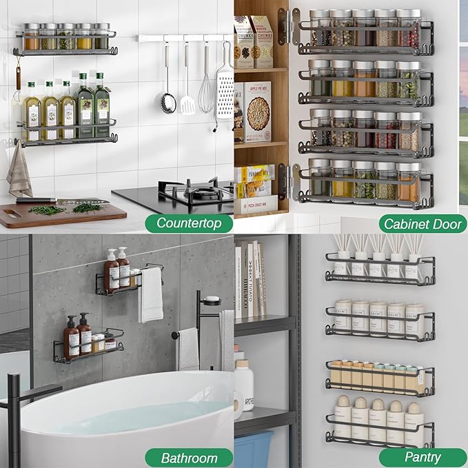 LUCYCAZ 4 Pack Wall Mounted Spice Rack with 16 Hooks, Spice Organizer for Cabinet Pantry Door,Screw or Adhesive Spice Shelf Hanging Wall Spice Rack in Kitchen and RV (Black, 4 PACK)