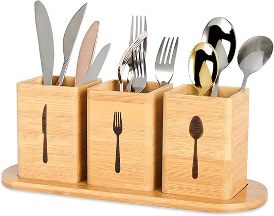 GEHE Silverware Caddy for Countertop, Natural Bamboo Utensil Caddy for Parties, Utensil Holder with 3 Compartment, Silverware Organizer Storage Containers for Spoons, Forks and knives