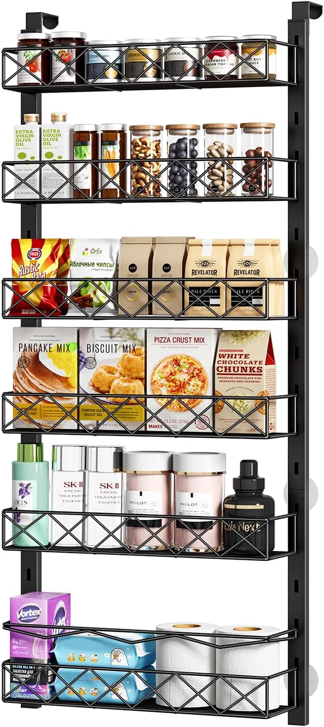 Over the Door Organizer, Black 6-Tier Pantry Door Organizer with Adjustable Basket, Hanging Spice Rack Cabinet Door Shelves, Laundry Room Organization and Storage