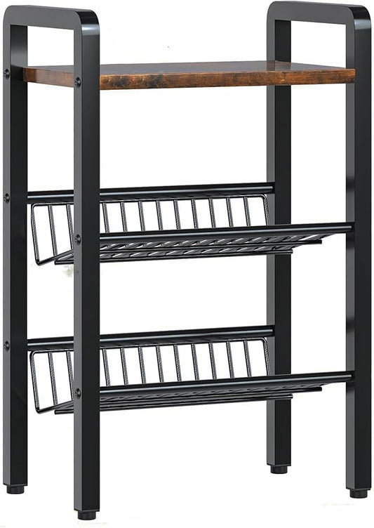 3 Tier Kitchen Countertop Organizer-Shelf -Coffee Shelf with Slanted Metal Mesh & Wood Board, Multi-Functional Spice Rack for Coffee, Bar, Office