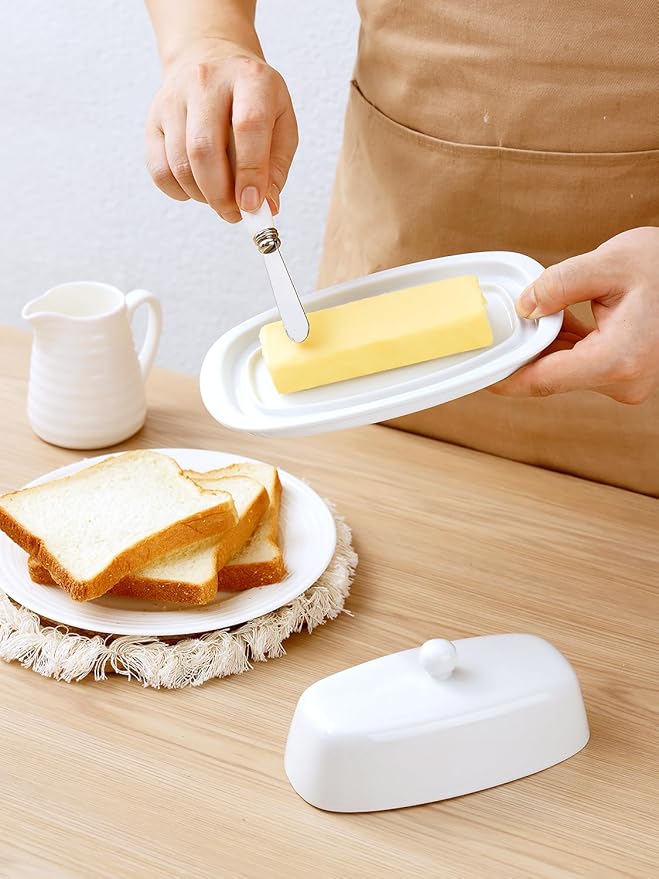 Yedio Ceramic Butter Dish with Lid and Knife for Countertop Refrigerator, 8 Inch White Butter Holder with Porcelain Cover Knob Handle for East West Coast Butter Stick