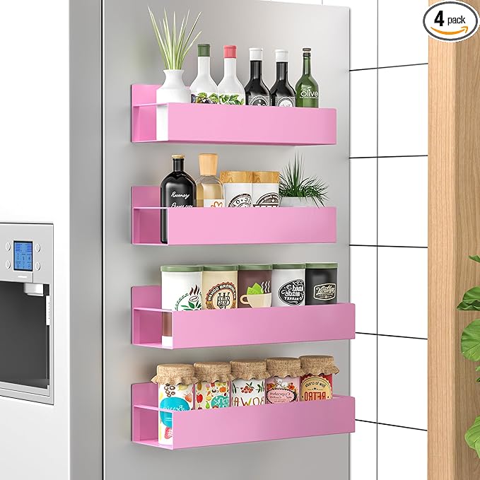 4 Pack Magnetic Spice Storage Rack Organizer for Refrigerator and Oven, Pink Fridge Organizers and Storage