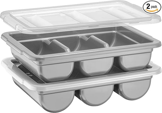 2 Pack - Cutlery Bin with Lid, Commercial 3-Compartment Flatware Tray with Cover, Stackable Silverware Storage Plastic Container, Restaurant Condiments Holder, Covered Utensil Organizer Box, Gray