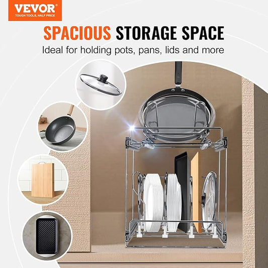 VEVOR Pan and Pot Rack, 2-Tier Expandable Pull Out Under Cabinet Organizer, 12"W, Carbon Steel, Double Tier