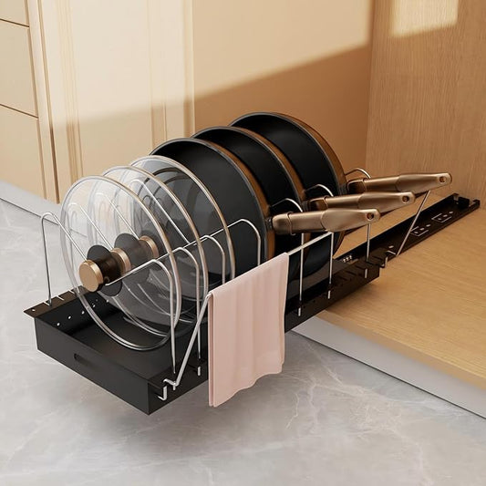 Golener Pots and Pans Organizer Under Cabinet - Pull Out Pot Pan Organizer Cabinet Pro, Pot Lid Holder for Kitchen, Slide Out Cabinet Organizer with Adjustable Dividers, Handles Bracket and Pull Shelf