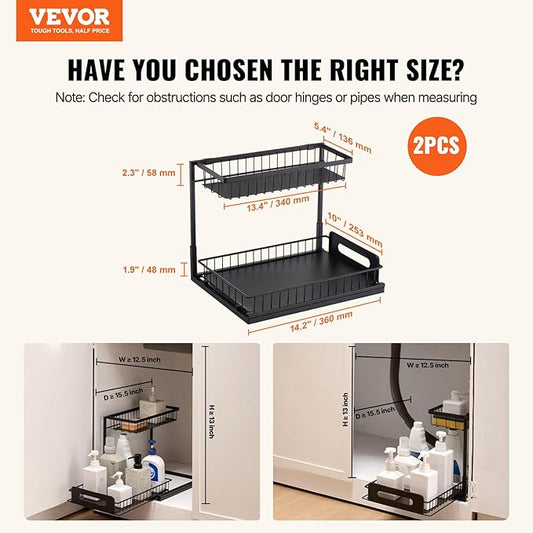 VEVOR 2 Tier Pull Out Cabinet Organizer(10.7" W x 14.2" D), Under Sink Organizer and Storage, Slide Out Drawer Cabinet Organizer, Wire Basket Sliding Shelf Storage for Kitchen Bathroom Cabinet, Black