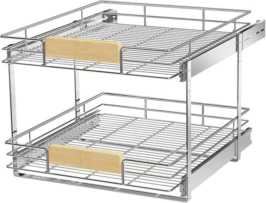LOVMOR 2 Tier Pull Out Cabinet Organizer 19½" W x 21½" D, Slide Out Drawers with Wooden Handle, Sliding Shelves Organization and Storage for Kitchen, Pantry