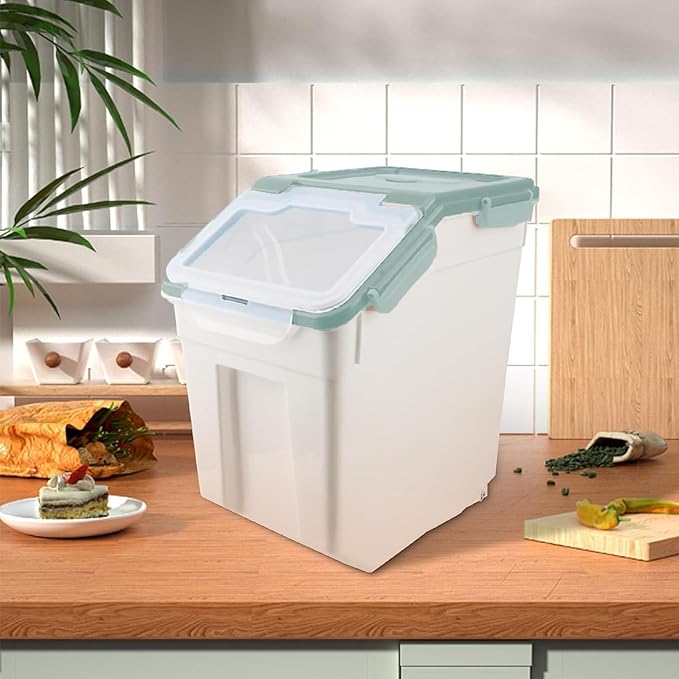 YXQ Rice Storage Container 2 Pack 50 lb Flour Storage Container with Wheels, BPA Free Food Storage Container with Measuring Cup Dog Cat Food Bin Set for Dry Food Sugar, Cereal-Green