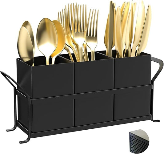Silverware Caddy for Party - Black Utensil Holder for Kitchen Counter, Compact Metal Organizer for Flatware, Cutlery, Spoons, Forks, and Knives, Cute Small Farmhouse Container for Countertop