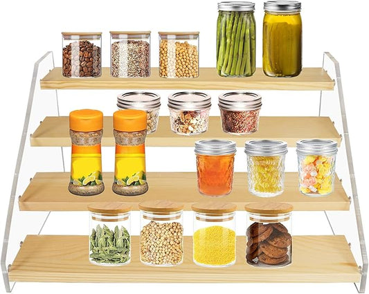 VAEHOLD Spice Rack Organizer for Cabinet & Countertop - Seasoning Organizer Spice Shelf - Space Saving Wooden Display Risers Shelf Showcase Fixtures Jewelry (4 Tier)